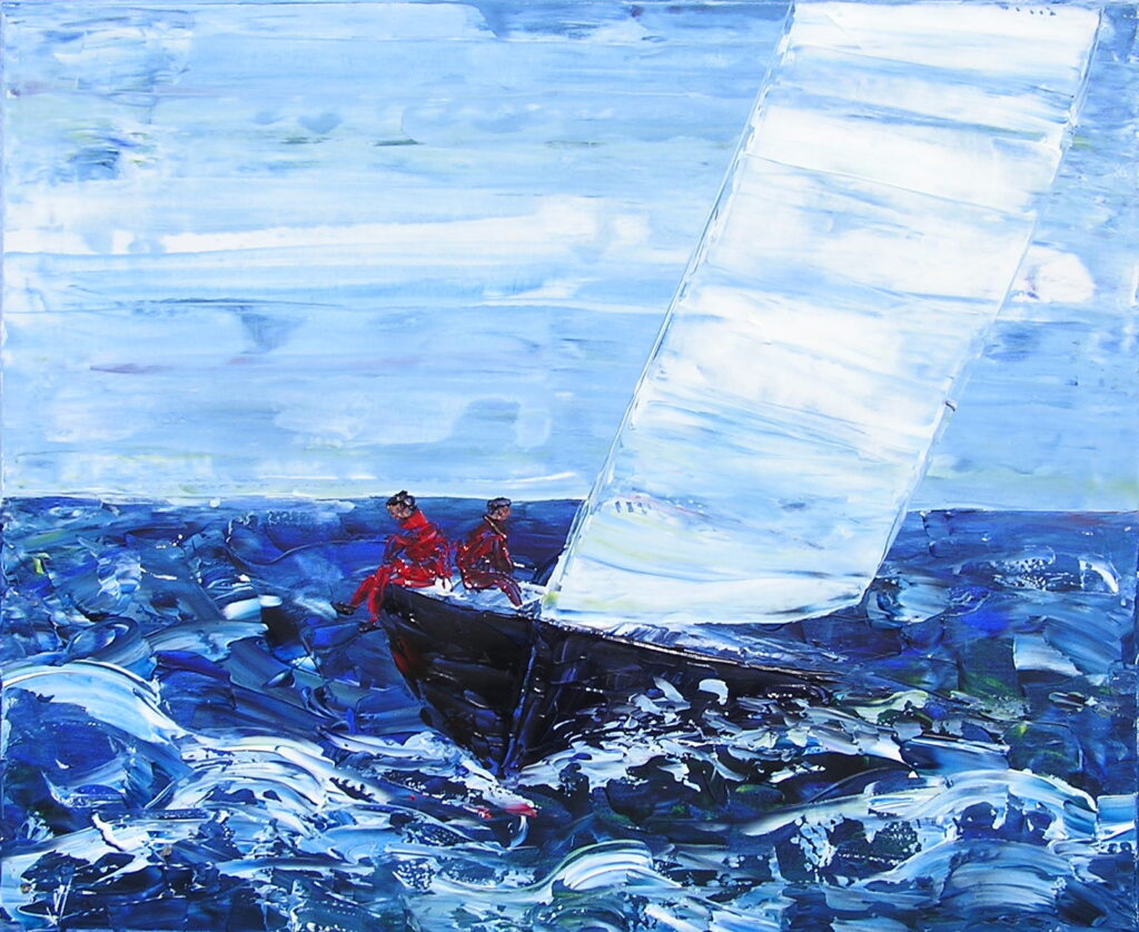 tableau avec des bateaux en couleurs ,marine, régate de voiliers,peinture originale vendue par l artiste,oeuvre unique,acrylique sur toile,art ,valerie jouve artiste peintre,bleu,jaune,rouge,vert,violet,orange,noir,blanc