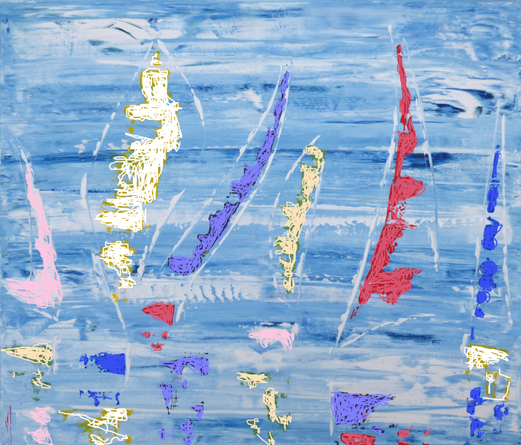 tableau en couleurs ,marine avec une régate de voiliers,peinture originale vendue par l artiste,oeuvre unique,acrylique sur toile,art abstrait,valerie jouve artiste peintre,bleu,jaune,rouge,vert,violet,orange,noir,blanc