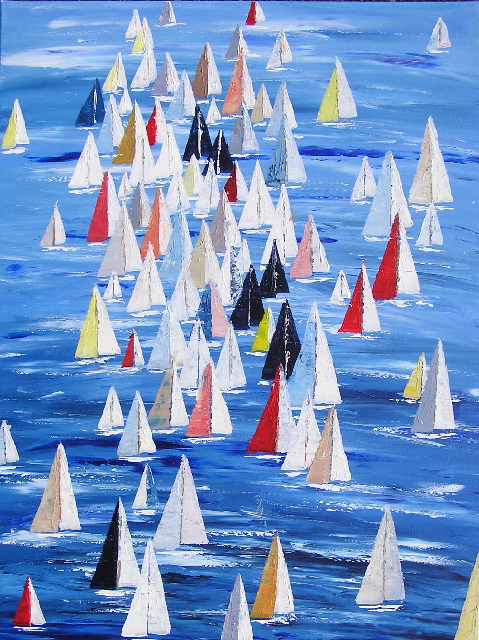 tableau en couleurs ,marine avec une régate de voiliers,peinture originale vendue par l artiste,oeuvre unique,acrylique sur toile,art abstrait,valerie jouve artiste peintre,bleu,jaune,rouge,vert,violet,orange,noir,blanc