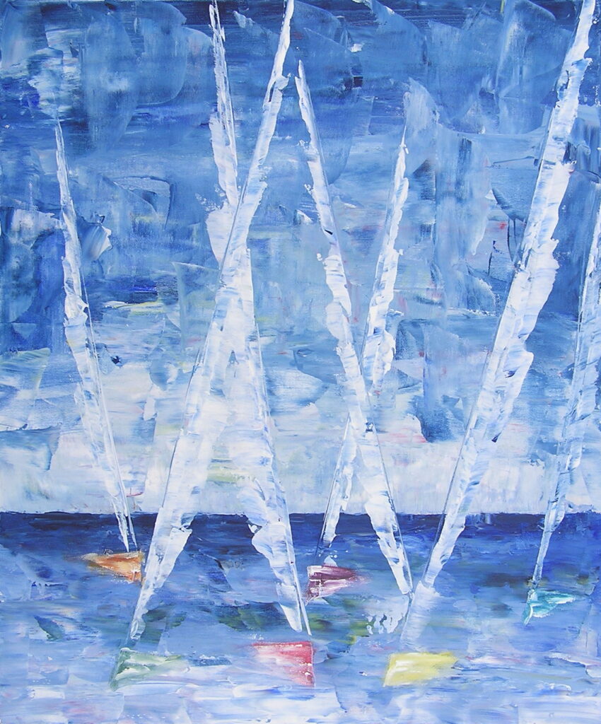 tableau en couleurs ,marine avec une régate de voiliers,peinture originale vendue par l artiste,oeuvre unique,acrylique sur toile,art abstrait,valerie jouve artiste peintre,bleu,jaune,rouge,vert,violet,orange,noir,blanc