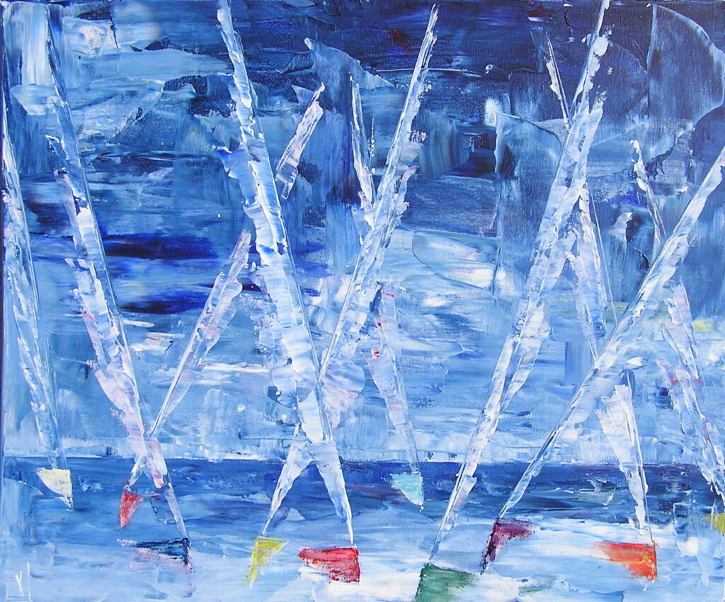tableau en couleurs ,marine avec une régate de voiliers,peinture originale vendue par l artiste,oeuvre unique,acrylique sur toile,art abstrait,valerie jouve artiste peintre,bleu,jaune,rouge,vert,violet,orange,noir,blanc