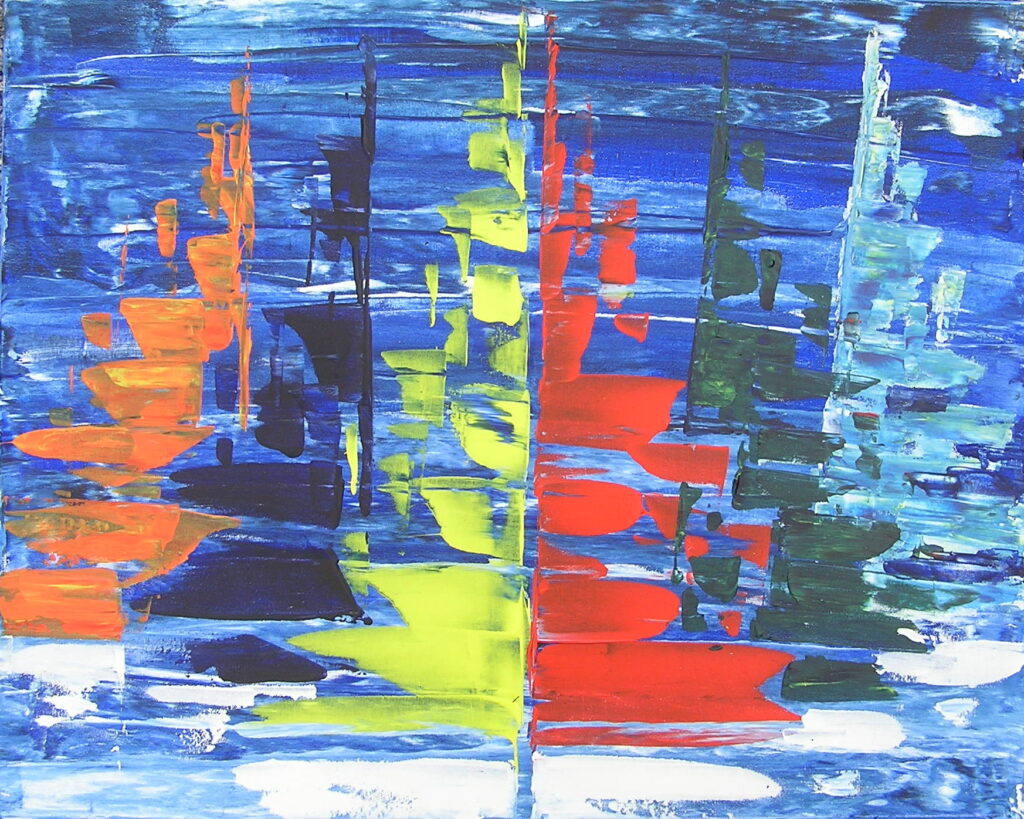 tableau en couleurs ,marine avec une régate de voiliers,peinture originale vendue par l artiste,oeuvre unique,acrylique sur toile,art abstrait,valerie jouve artiste peintre,bleu,jaune,rouge,vert,violet,orange,noir,blanc