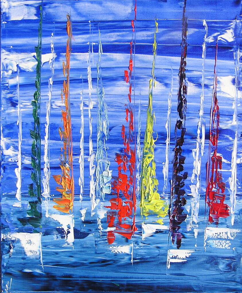 tableau en couleurs ,marine avec une régate de voiliers,peinture originale vendue par l artiste,oeuvre unique,acrylique sur toile,art abstrait,valerie jouve artiste peintre,bleu,jaune,rouge,vert,violet,orange,noir,blanc