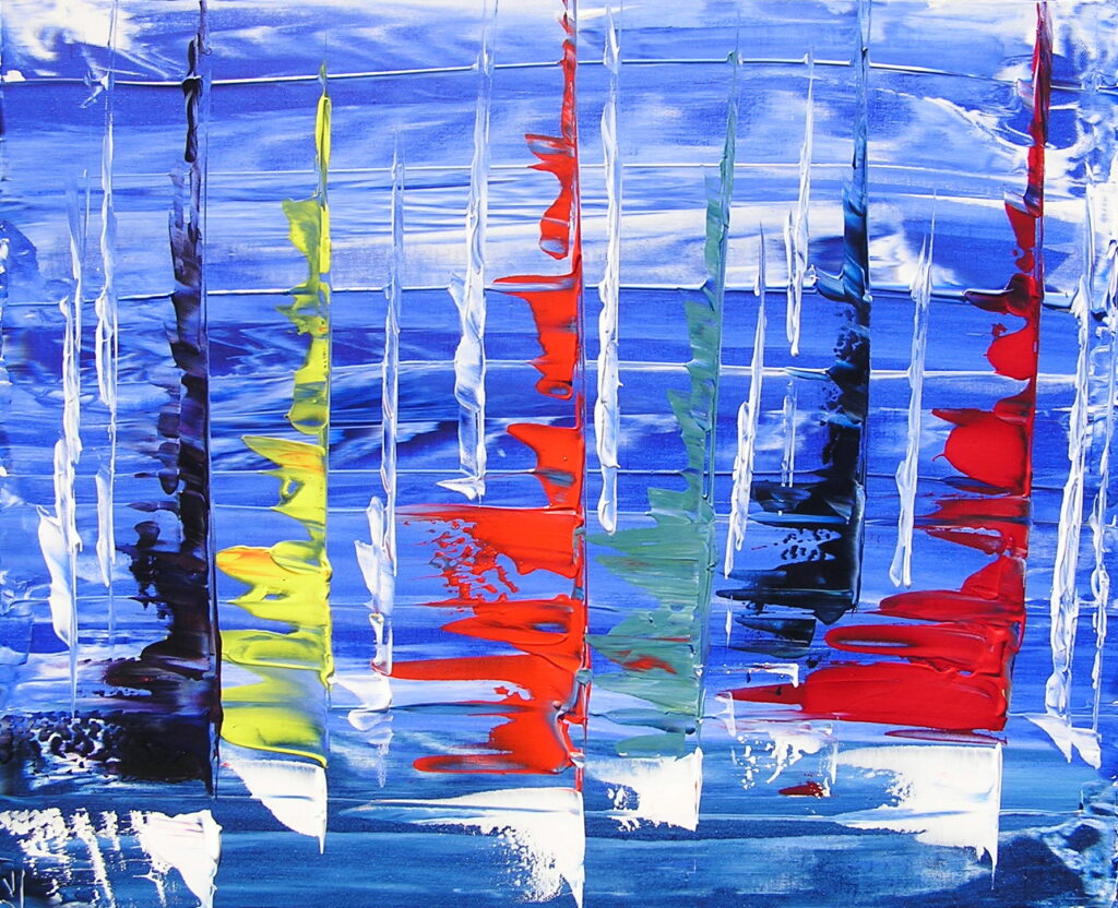 tableau en couleurs ,marine avec une régate de voiliers,peinture originale vendue par l artiste,oeuvre unique,acrylique sur toile,art abstrait,valerie jouve artiste peintre,bleu,jaune,rouge,vert,violet,orange,noir,blanc