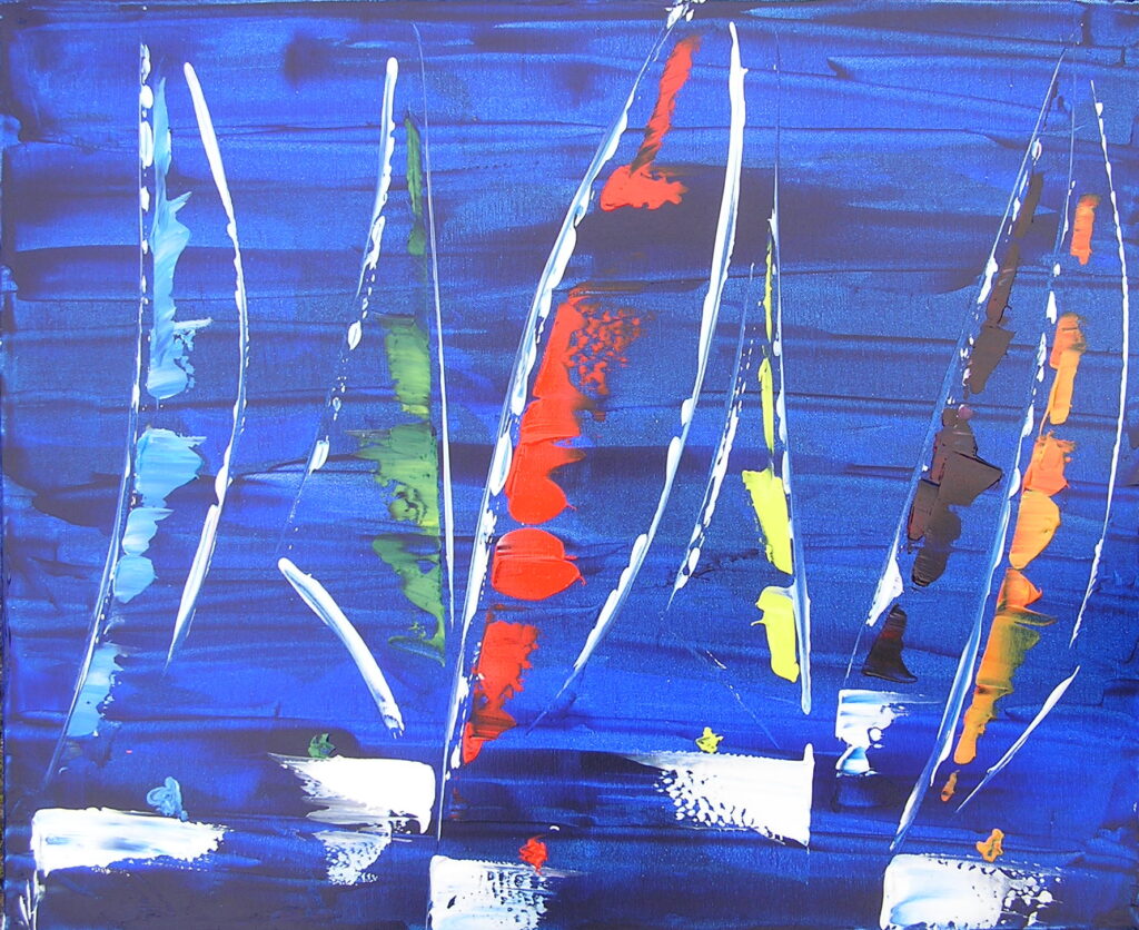 tableau en couleurs ,marine avec une régate de voiliers,peinture originale vendue par l artiste,oeuvre unique,acrylique sur toile,art abstrait,valerie jouve artiste peintre,bleu,jaune,rouge,vert,violet,orange,noir,blanc