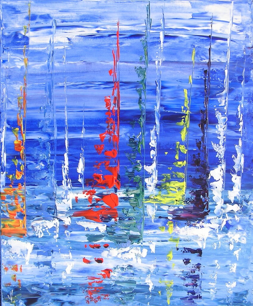 tableau en couleurs ,marine avec une régate de voiliers,peinture originale vendue par l artiste,oeuvre unique,acrylique sur toile,art abstrait,valerie jouve artiste peintre,bleu,jaune,rouge,vert,violet,orange,noir,blanc