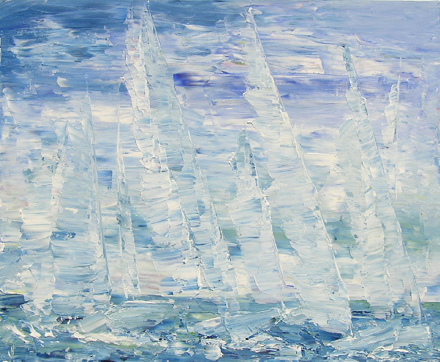 tableau en couleurs ,marine avec une régate de voiliers,peinture originale vendue par l artiste,oeuvre unique,acrylique sur toile,art abstrait,valerie jouve artiste peintre,bleu,jaune,rouge,vert,violet,orange,noir,blanc