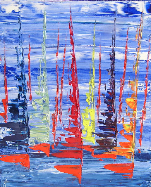 tableau en couleurs ,marine avec une régate de voiliers,peinture originale vendue par l artiste,oeuvre unique,acrylique sur toile,art abstrait,valerie jouve artiste peintre,bleu,jaune,rouge,vert,violet,orange,noir,blanc