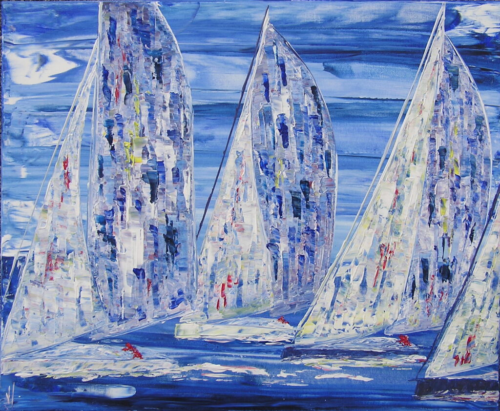 tableau avec des bateaux en couleurs ,marine, régate de voiliers,peinture originale vendue par l artiste,oeuvre unique,acrylique sur toile,art ,valerie jouve artiste peintre,bleu,jaune,rouge,vert,violet,orange,noir,blanc