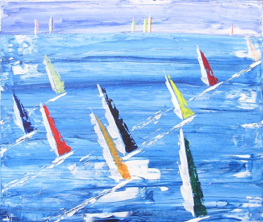 tableau en couleurs ,marine avec une régate de voiliers,peinture originale vendue par l artiste,oeuvre unique,acrylique sur toile,art abstrait,valerie jouve artiste peintre,bleu,jaune,rouge,vert,violet,orange,noir,blanc