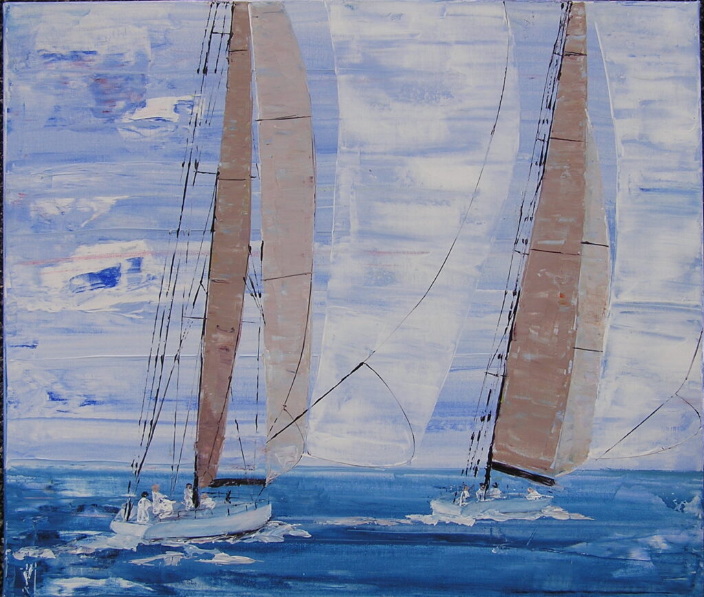 tableau avec des bateaux en couleurs ,marine, régate de voiliers,peinture originale vendue par l artiste,oeuvre unique,acrylique sur toile,art ,valerie jouve artiste peintre,bleu,jaune,rouge,vert,violet,orange,noir,blanc