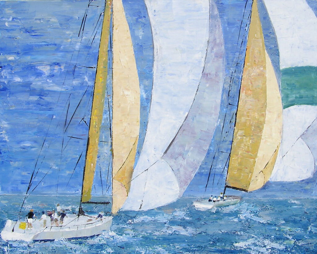 tableau avec des bateaux en couleurs ,marine, régate de voiliers,peinture originale vendue par l artiste,oeuvre unique,acrylique sur toile,art ,valerie jouve artiste peintre,bleu,jaune,rouge,vert,violet,orange,noir,blanc