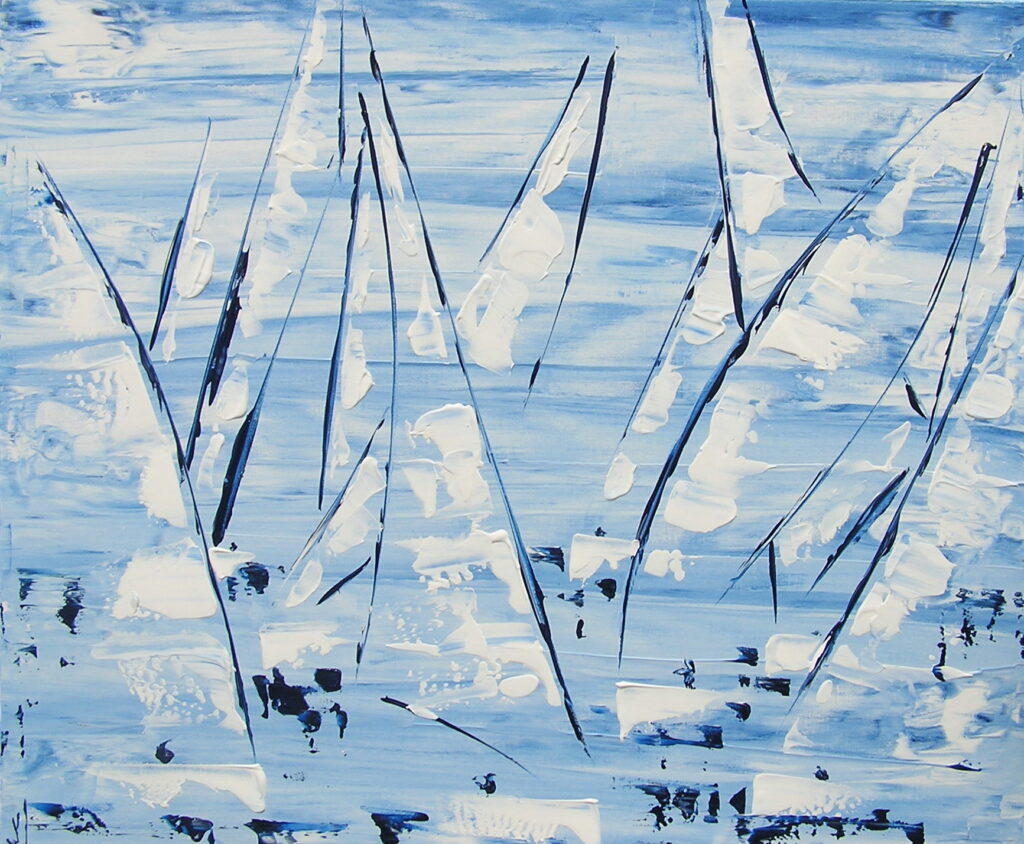 tableau en couleurs ,marine avec une régate de voiliers,peinture originale vendue par l artiste,oeuvre unique,acrylique sur toile,art abstrait,valerie jouve artiste peintre,bleu,noir,blanc