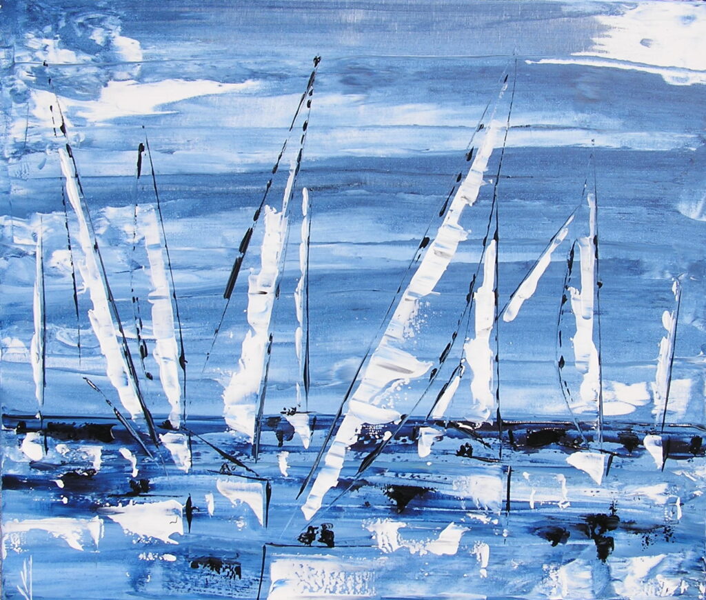 tableau en couleurs ,marine avec une régate de voiliers,peinture originale vendue par l artiste,oeuvre unique,acrylique sur toile,art abstrait,valerie jouve artiste peintre,bleu,noir,blanc