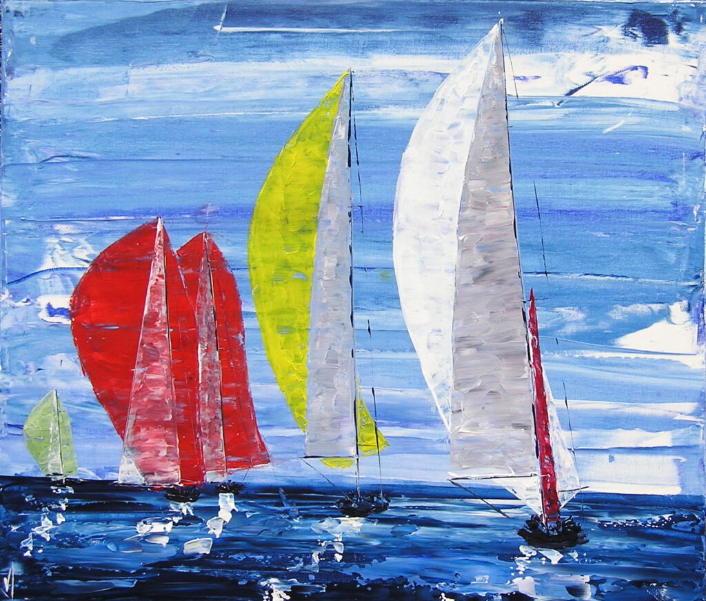 tableau avec des bateaux en couleurs ,marine, régate de voiliers,peinture originale vendue par l artiste,oeuvre unique,acrylique sur toile,art ,valerie jouve artiste peintre,bleu,jaune,rouge,vert,violet,orange,noir,blanc
