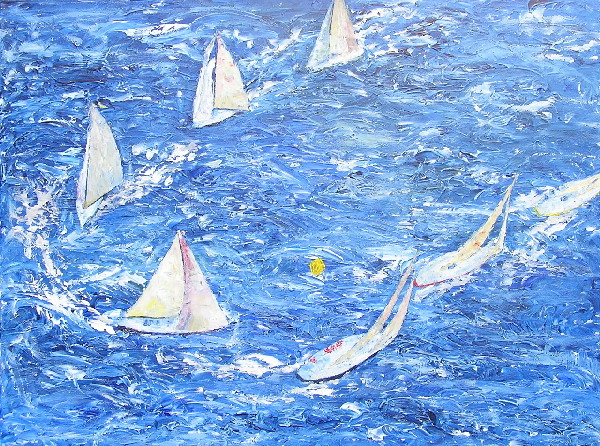 tableau avec des bateaux en couleurs ,marine, régate de voiliers,peinture originale vendue par l artiste,oeuvre unique,acrylique sur toile,art ,valerie jouve artiste peintre,bleu,jaune,rouge,vert,violet,orange,noir,blanc