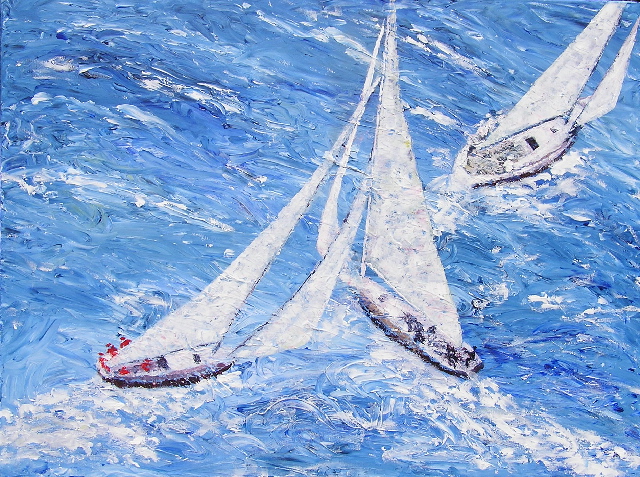 tableau avec des bateaux en couleurs ,marine, régate de voiliers,peinture originale vendue par l artiste,oeuvre unique,acrylique sur toile,art ,valerie jouve artiste peintre,bleu,jaune,rouge,vert,violet,orange,noir,blanc