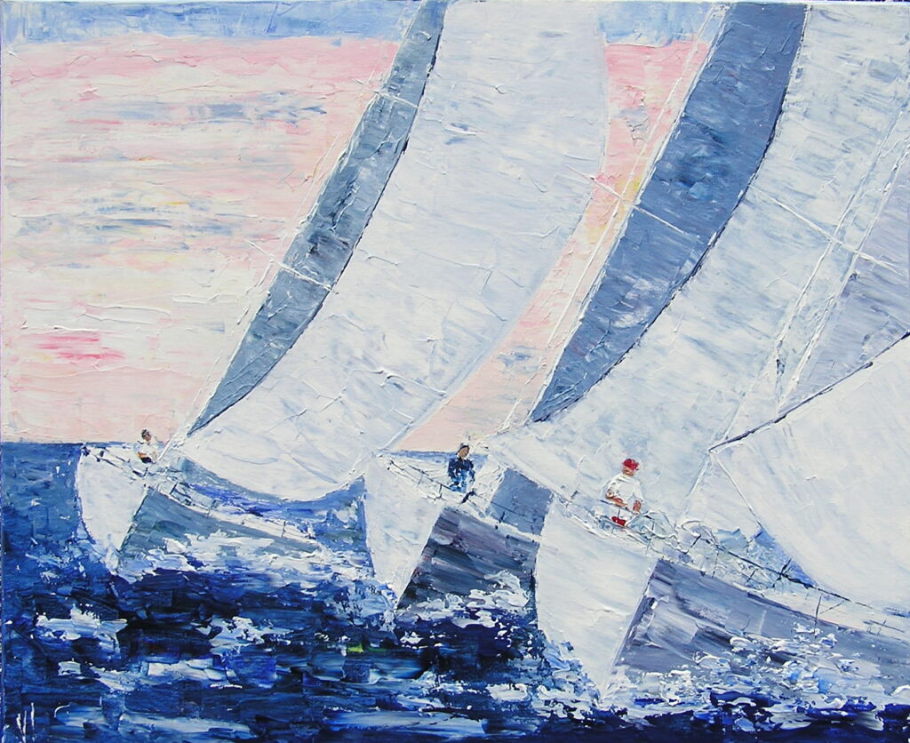 tableau avec des bateaux en couleurs ,marine, régate de voiliers,peinture originale vendue par l artiste,oeuvre unique,acrylique sur toile,art ,valerie jouve artiste peintre,bleu,jaune,rouge,vert,violet,orange,noir,blanc