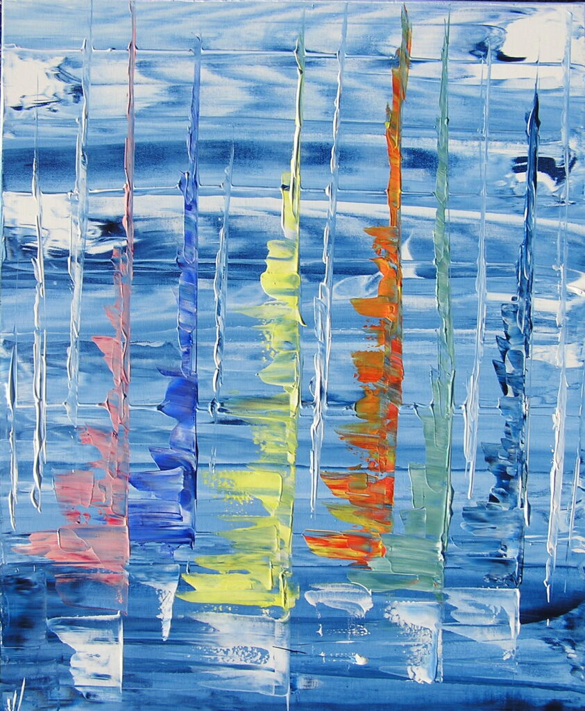 tableau en couleurs ,marine avec une régate de voiliers,peinture originale vendue par l artiste,oeuvre unique,acrylique sur toile,art abstrait,valerie jouve artiste peintre,bleu,jaune,rouge,vert,violet,orange,noir,blanc