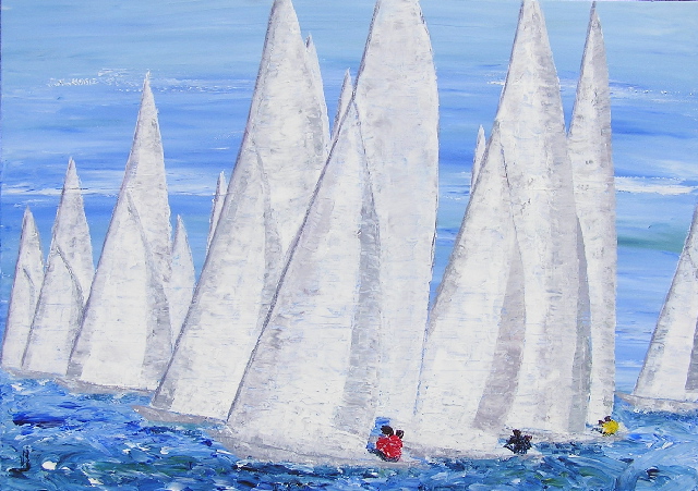 tableau avec des bateaux en couleurs ,marine, régate de voiliers,peinture originale vendue par l artiste,oeuvre unique,acrylique sur toile,art ,valerie jouve artiste peintre,bleu,jaune,rouge,vert,violet,orange,noir,blanc