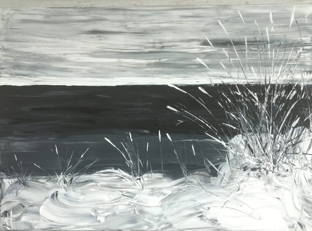 tableau en noir et blanc,peinture originale vendue par l artiste,oeuvre unique,acrylique sur toile,art ,marine ,paysage en noir et blanc,sable, plage,dunes,mervalerie jouve artiste peintre,