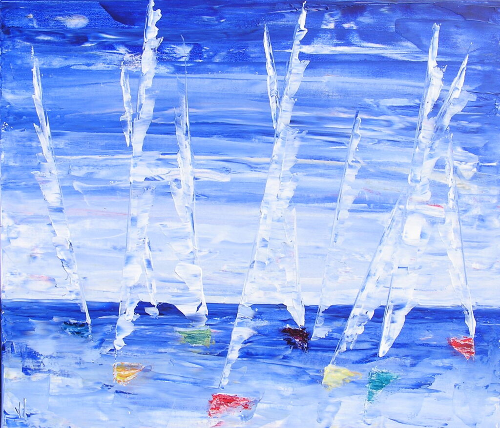 tableau en couleurs ,marine avec une régate de voiliers,peinture originale vendue par l artiste,oeuvre unique,acrylique sur toile,art abstrait,valerie jouve artiste peintre,bleu,jaune,rouge,vert,violet,orange,noir,blanc