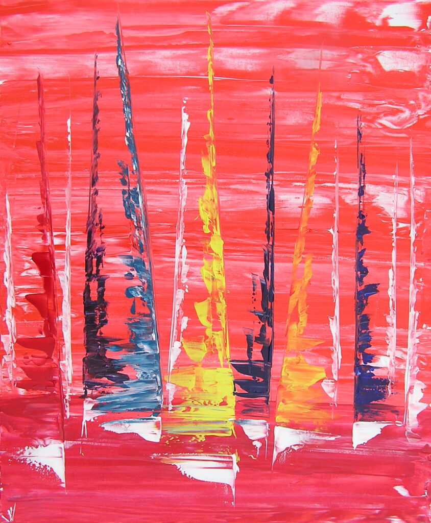 tableau en couleurs ,marine avec une régate de voiliers,peinture originale vendue par l artiste,oeuvre unique,acrylique sur toile,art abstrait,valerie jouve artiste peintre,bleu,jaune,rouge,vert,violet,orange,noir,blanc