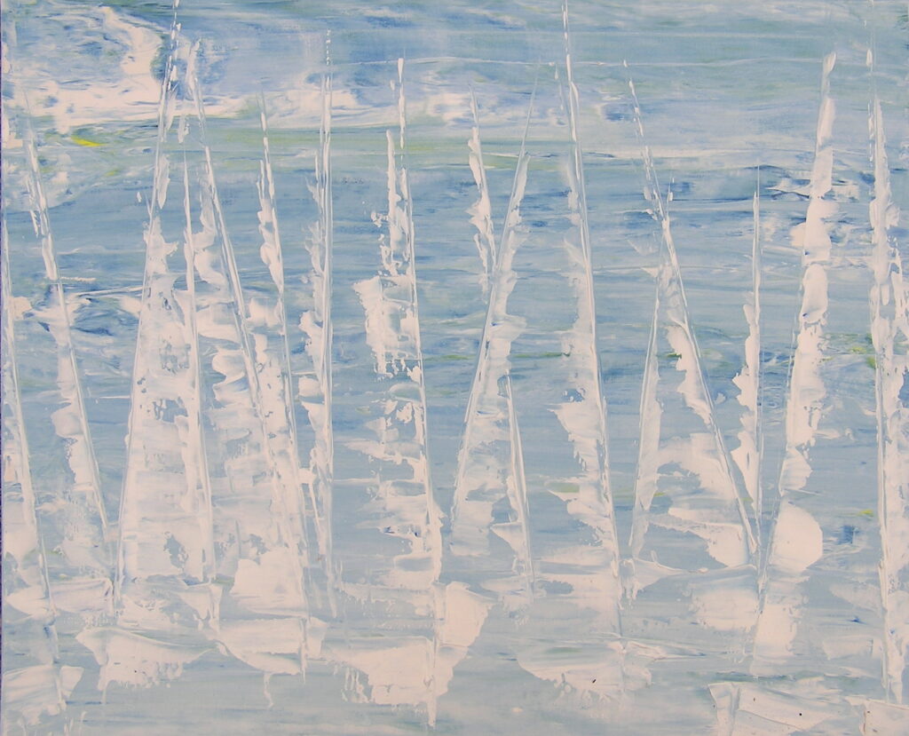 tableau en couleurs ,marine avec une régate de voiliers,peinture originale vendue par l artiste,oeuvre unique,acrylique sur toile,art abstrait,valerie jouve artiste peintre,bleu,jaune,rouge,vert,violet,orange,noir,blanc