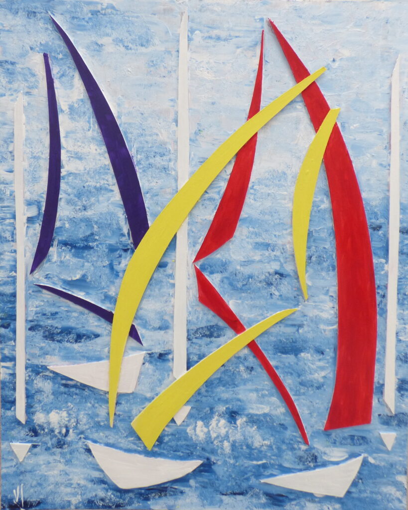 tableau en couleurs en relief ,peinture sculpture collage originale vendue par l artiste,oeuvre unique,acrylique et carton bois sur carton bois,valerie jouve artiste peintre,art abstrait,marine avec des bateaux et des voiliers abstraits, rouge,jaune,bleu,blanc,violet
