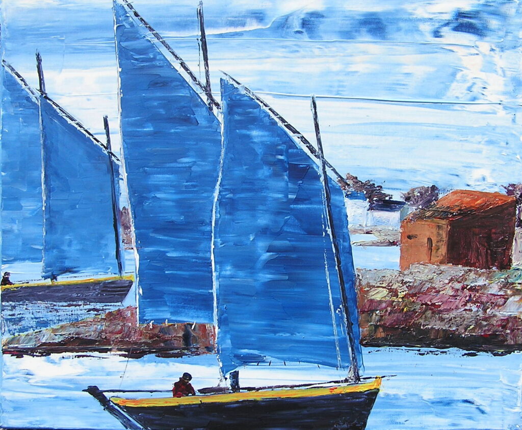 tableau avec des bateaux en couleurs ,marine, régate de voiliers,peinture originale vendue par l artiste,oeuvre unique,acrylique sur toile,art ,valerie jouve artiste peintre,bleu,jaune,rouge,vert,violet,orange,noir,blanc