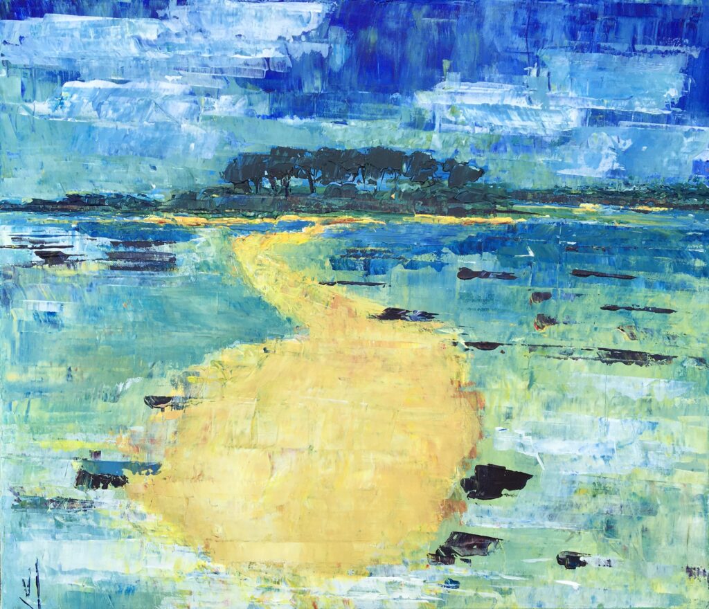 tableau en couleurs ,peinture originale vendue par l artiste,oeuvre unique,acrylique sur toile,ile mer plage,marine,paysage de bretagne, golfe du morbihan,valerie jouve artiste peintre,bleu,jaune,rouge,vert,violet,orange,noir,blanc