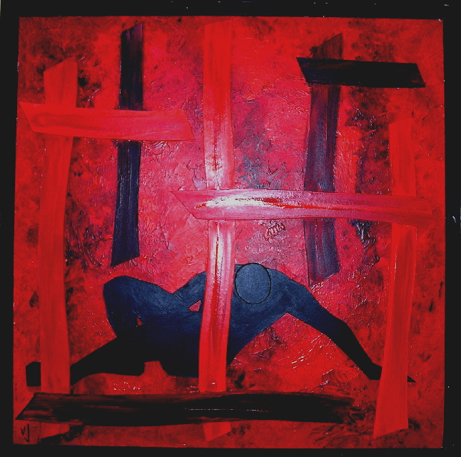tableau rouge en relief ,peinture sculpture collage originale vendue par l artiste,oeuvre unique,acrylique et carton bois sur carton bois,valerie jouve artiste peintre, homme,personnage