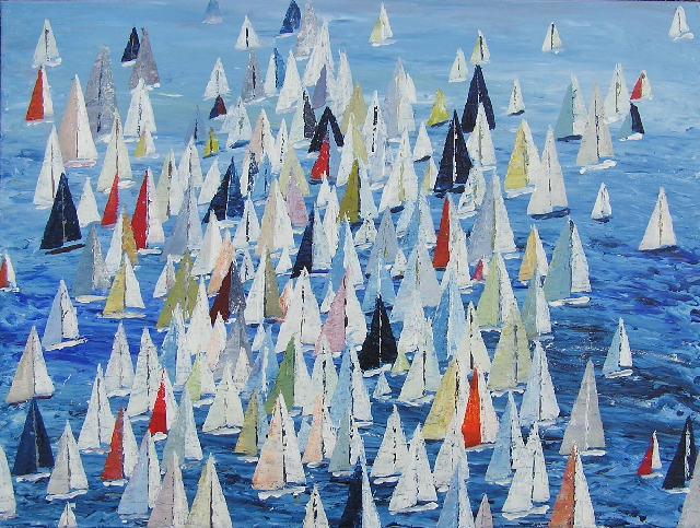 tableau en couleurs ,marine avec une régate de voiliers,peinture originale vendue par l artiste,oeuvre unique,acrylique sur toile,art abstrait,valerie jouve artiste peintre,bleu,jaune,rouge,vert,violet,orange,noir,blanc