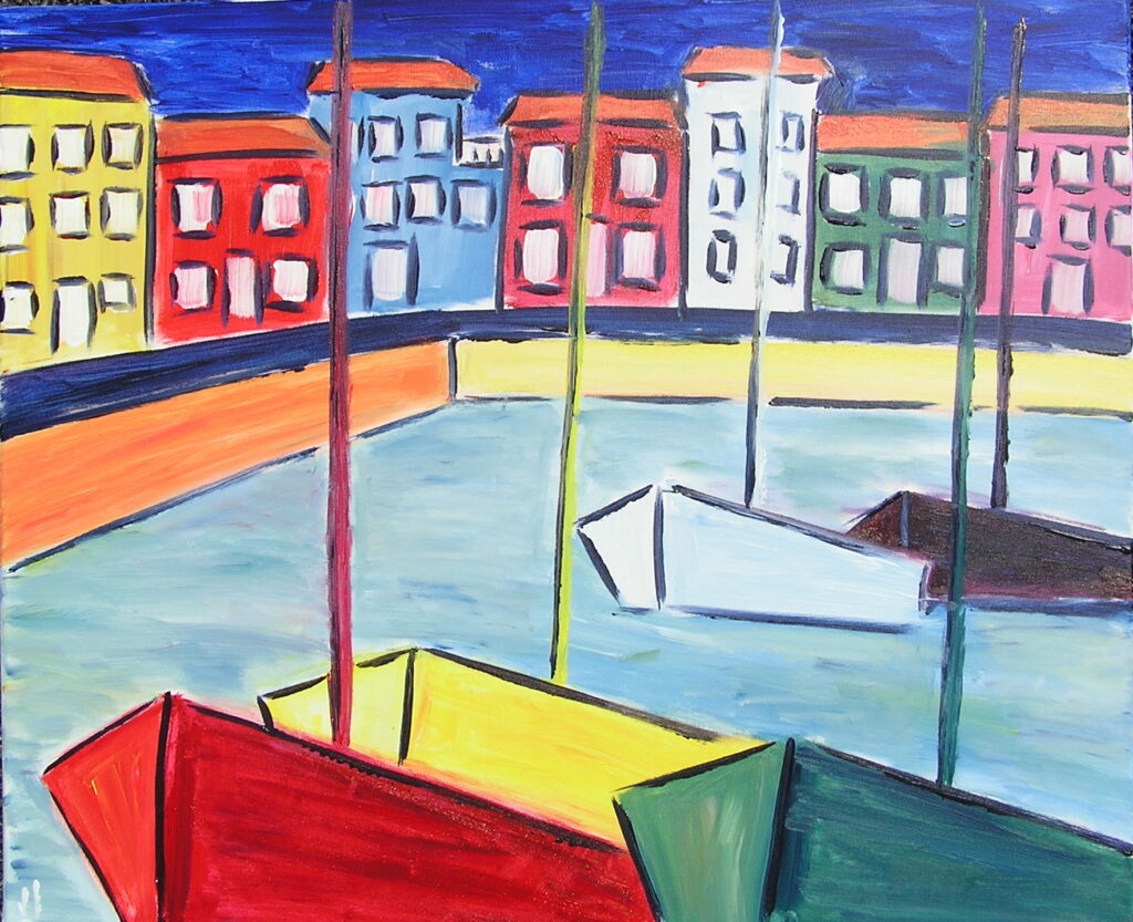 tableau avec des bateaux en couleurs ,marine, régate de voiliers,peinture originale vendue par l artiste,oeuvre unique,acrylique sur toile,art ,valerie jouve artiste peintre,bleu,jaune,rouge,vert,violet,orange,noir,blanc