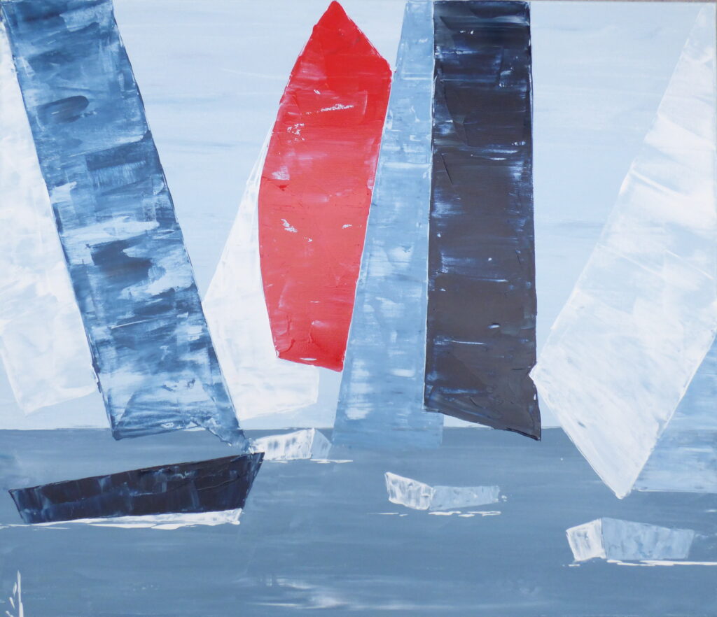 tableau avec des bateaux en couleurs ,marine, régate de voiliers,peinture originale vendue par l artiste,oeuvre unique,acrylique sur toile,art ,valerie jouve artiste peintre,bleu,jaune,rouge,vert,violet,orange,noir,blanc