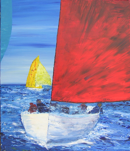 tableau avec des bateaux en couleurs ,marine, régate de voiliers,peinture originale vendue par l artiste,oeuvre unique,acrylique sur toile,art ,valerie jouve artiste peintre,bleu,jaune,rouge,vert,violet,orange,noir,blanc
