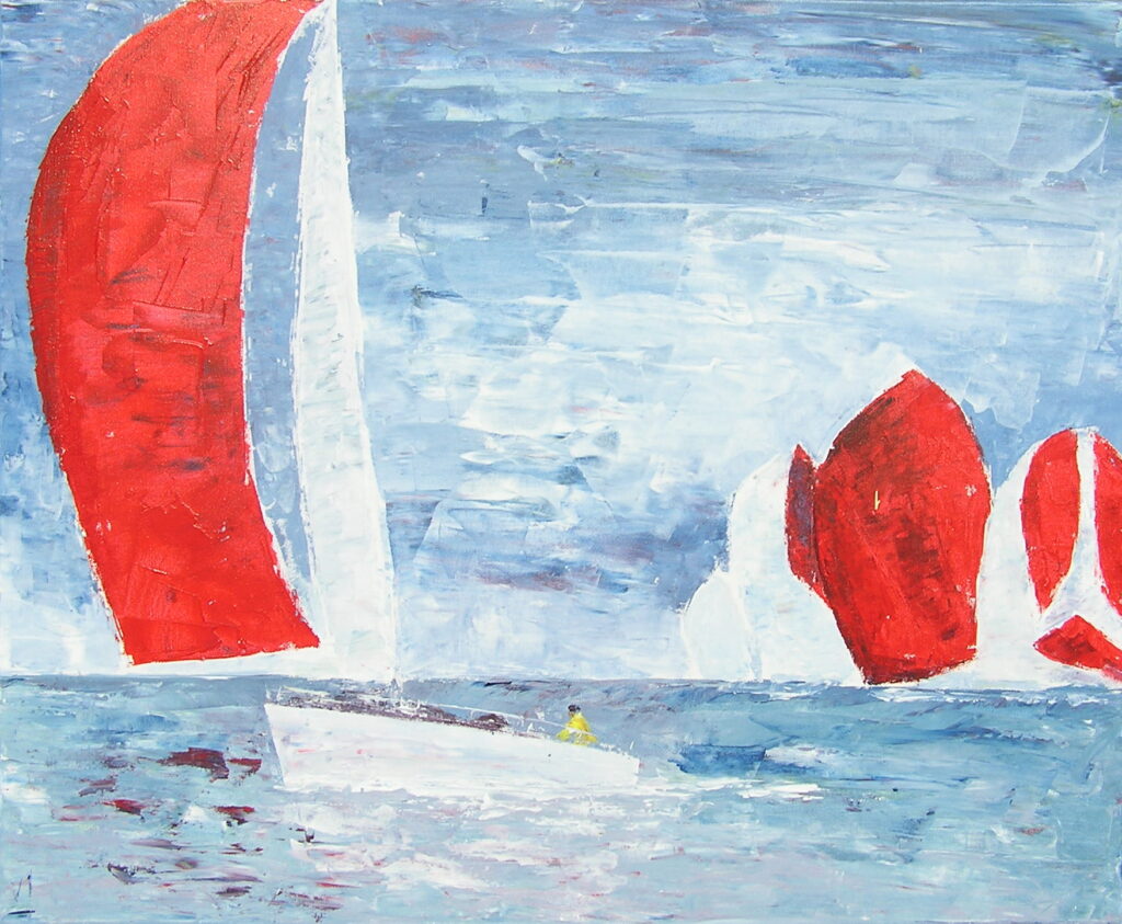 tableau avec des bateaux en couleurs ,marine, régate de voiliers,peinture originale vendue par l artiste,oeuvre unique,acrylique sur toile,art ,valerie jouve artiste peintre,bleu,jaune,rouge,vert,violet,orange,noir,blanc