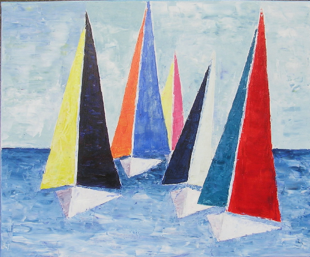 tableau avec des bateaux en couleurs ,marine, régate de voiliers,peinture originale vendue par l artiste,oeuvre unique,acrylique sur toile,art ,valerie jouve artiste peintre,bleu,jaune,rouge,vert,violet,orange,noir,blanc