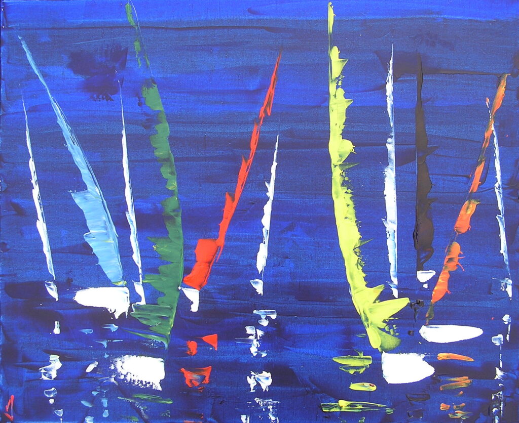 tableau en couleurs ,marine avec une régate de voiliers,peinture originale vendue par l artiste,oeuvre unique,acrylique sur toile,art abstrait,valerie jouve artiste peintre,bleu,jaune,rouge,vert,violet,orange,noir,blanc