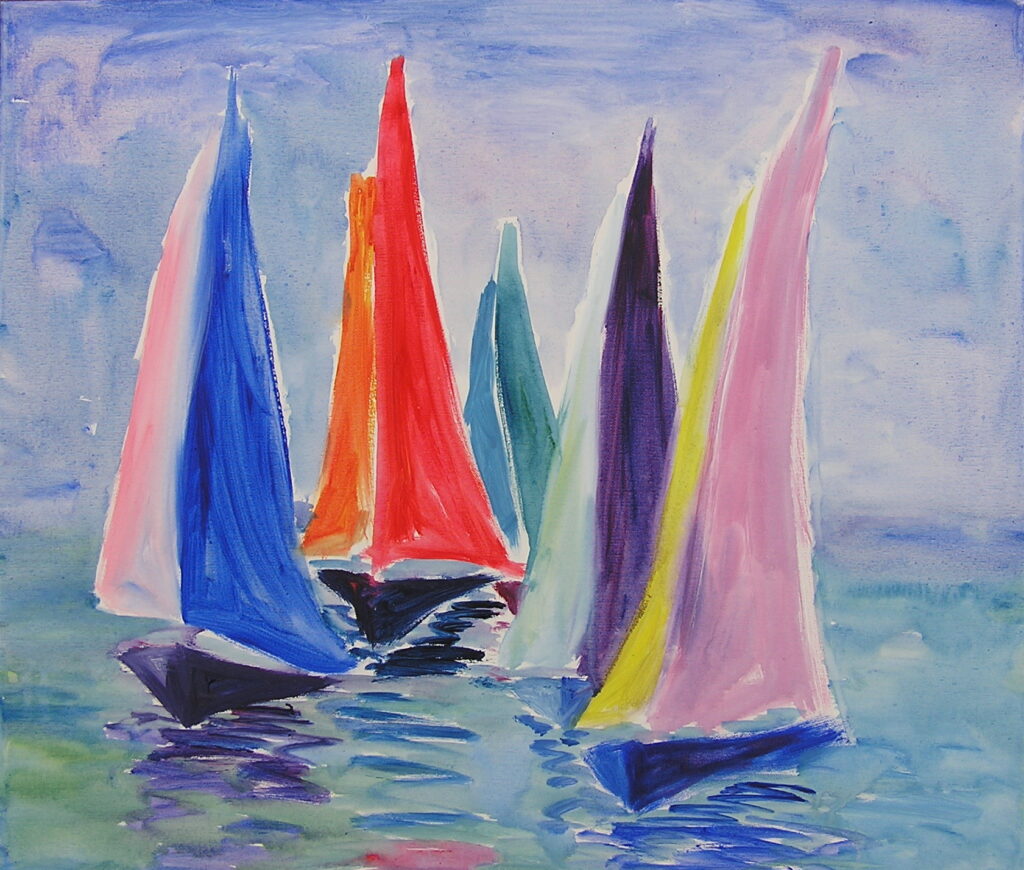 tableau avec des bateaux en couleurs ,marine, régate de voiliers,peinture originale vendue par l artiste,oeuvre unique,acrylique sur toile,art ,valerie jouve artiste peintre,bleu,jaune,rouge,vert,violet,orange,noir,blanc