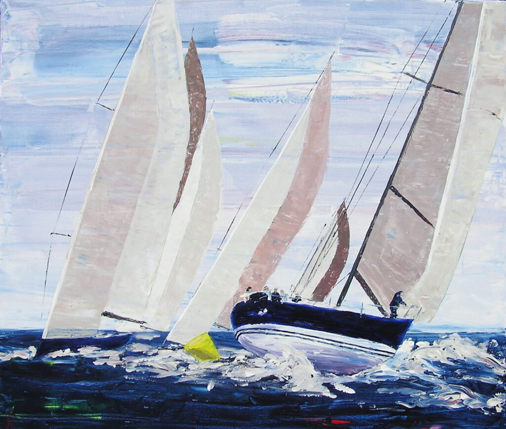tableau avec des bateaux en couleurs ,marine, régate de voiliers,peinture originale vendue par l artiste,oeuvre unique,acrylique sur toile,art ,valerie jouve artiste peintre,bleu,jaune,rouge,vert,violet,orange,noir,blanc