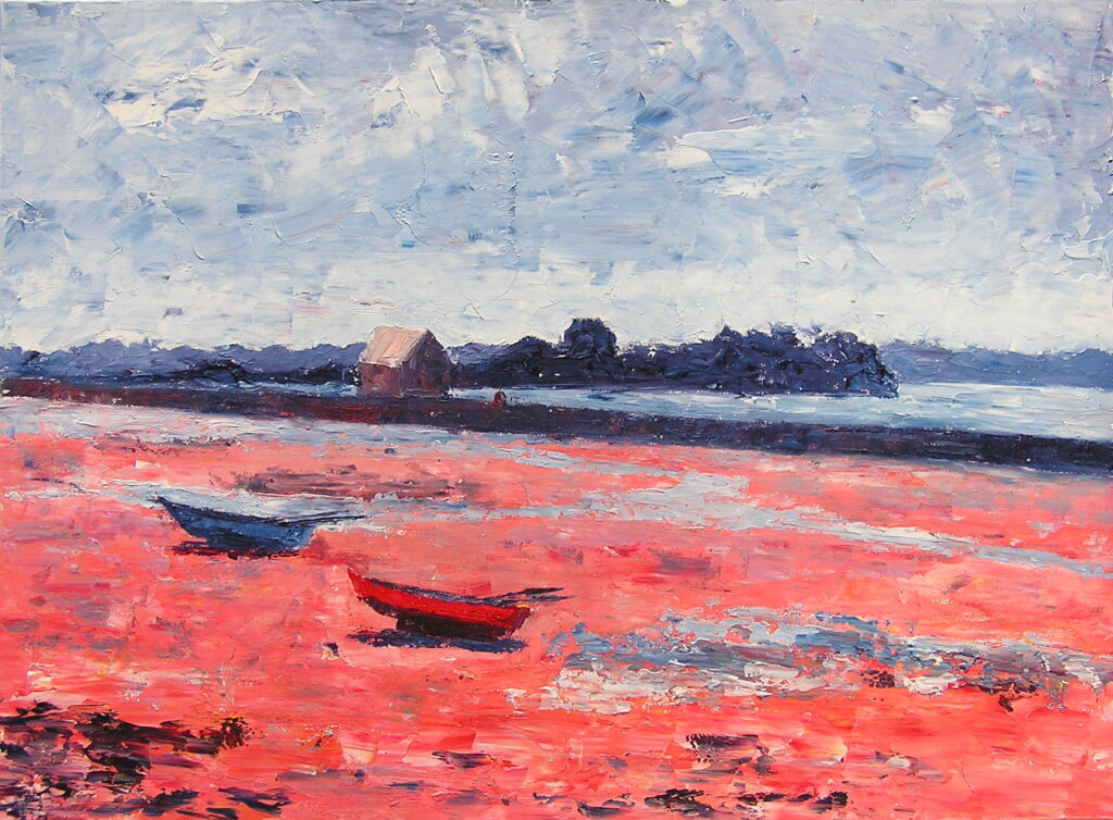 tableau en couleurs ,peinture originale vendue par l artiste,oeuvre unique,acrylique sur toile,marine,paysage de bretagne,ile d arz ,valerie jouve artiste peintre,bleu,jaune,rouge,vert,violet,orange,noir,blanc