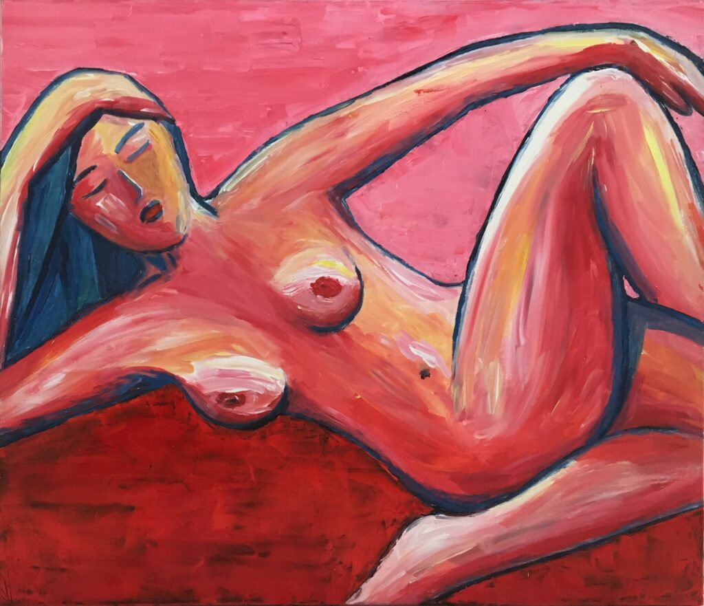 tableau en couleurs ,peinture originale vendue par l artiste,oeuvre unique,acrylique sur toile,art ,nu,femme nue,nudité,personnage,valerie jouve artiste peintre,bleu,jaune,rouge,vert,violet,orange,noir,blanc