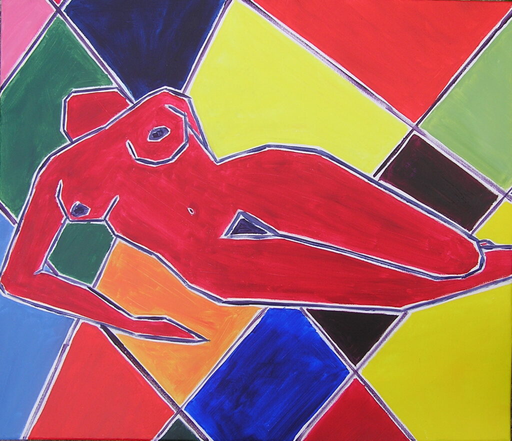 tableau en couleurs ,peinture originale vendue par l artiste,oeuvre unique,acrylique sur toile,art ,nu,femme nue,nudité,personnage,valerie jouve artiste peintre,bleu,jaune,rouge,vert,violet,orange,noir,blanc