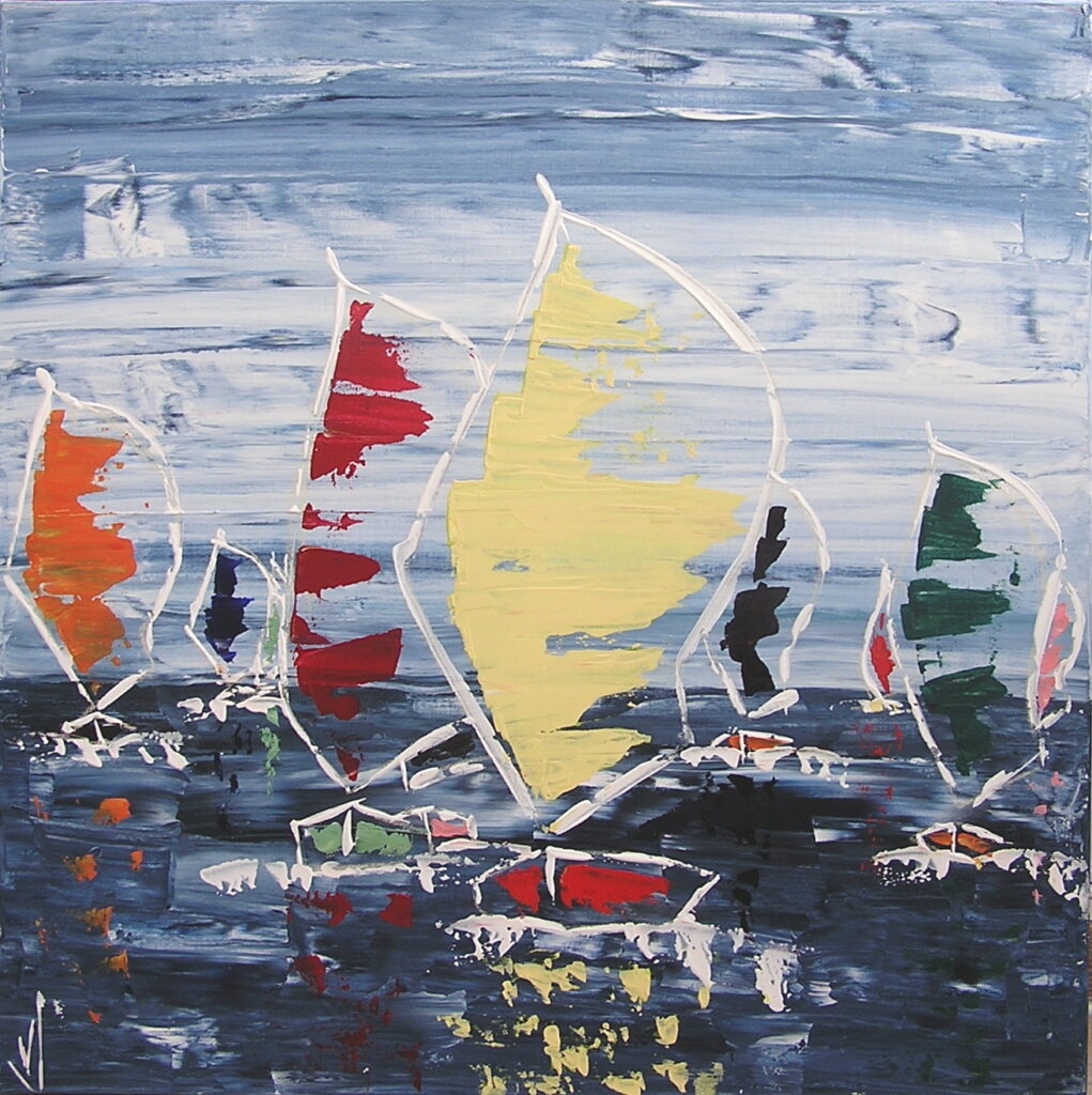 tableau en couleurs ,marine avec une régate de voiliers,peinture originale vendue par l artiste,oeuvre unique,acrylique sur toile,art abstrait,valerie jouve artiste peintre,bleu,jaune,rouge,vert,violet,orange,noir,blanc