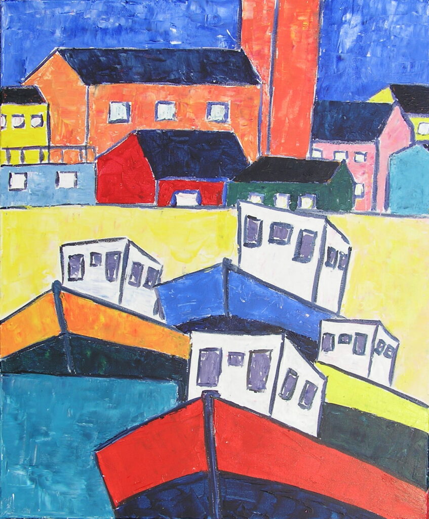 tableau avec des bateaux en couleurs ,marine, régate de voiliers,peinture originale vendue par l artiste,oeuvre unique,acrylique sur toile,art ,valerie jouve artiste peintre,bleu,jaune,rouge,vert,violet,orange,noir,blanc