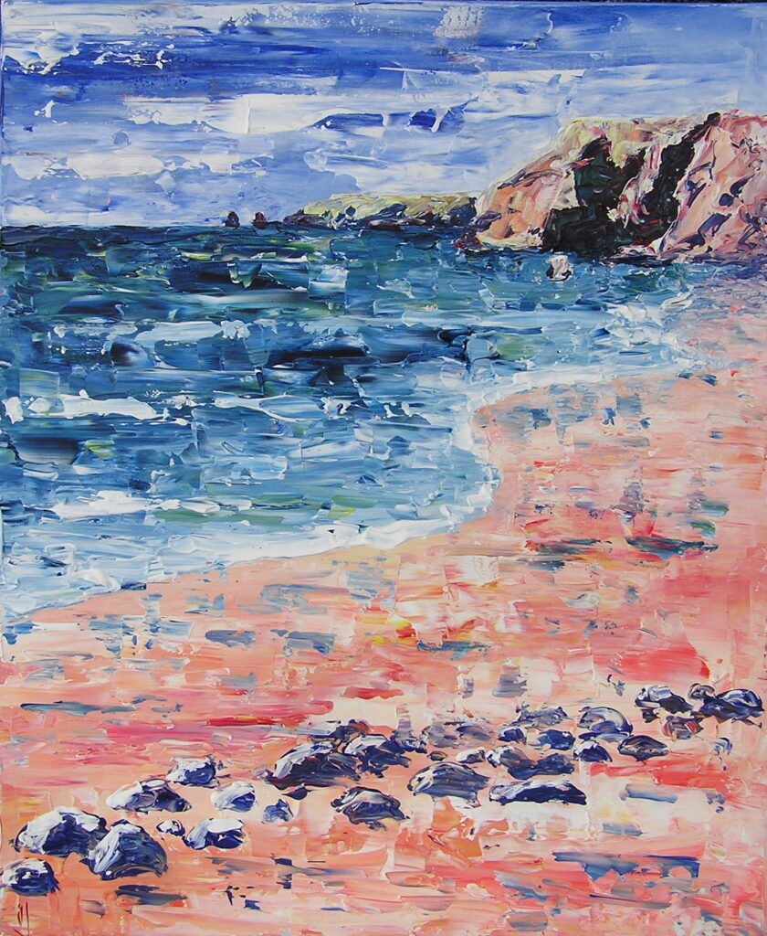 tableau en couleurs ,peinture originale vendue par l artiste,oeuvre unique,acrylique sur toile,marine,paysage de bretagne,belle ile ,valerie jouve artiste peintre,bleu,jaune,rouge,vert,violet,orange,noir,blanc