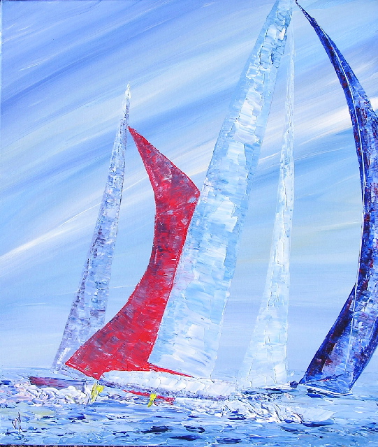 tableau avec des bateaux en couleurs ,marine, régate de voiliers,peinture originale vendue par l artiste,oeuvre unique,acrylique sur toile,art ,valerie jouve artiste peintre,bleu,jaune,rouge,vert,violet,orange,noir,blanc