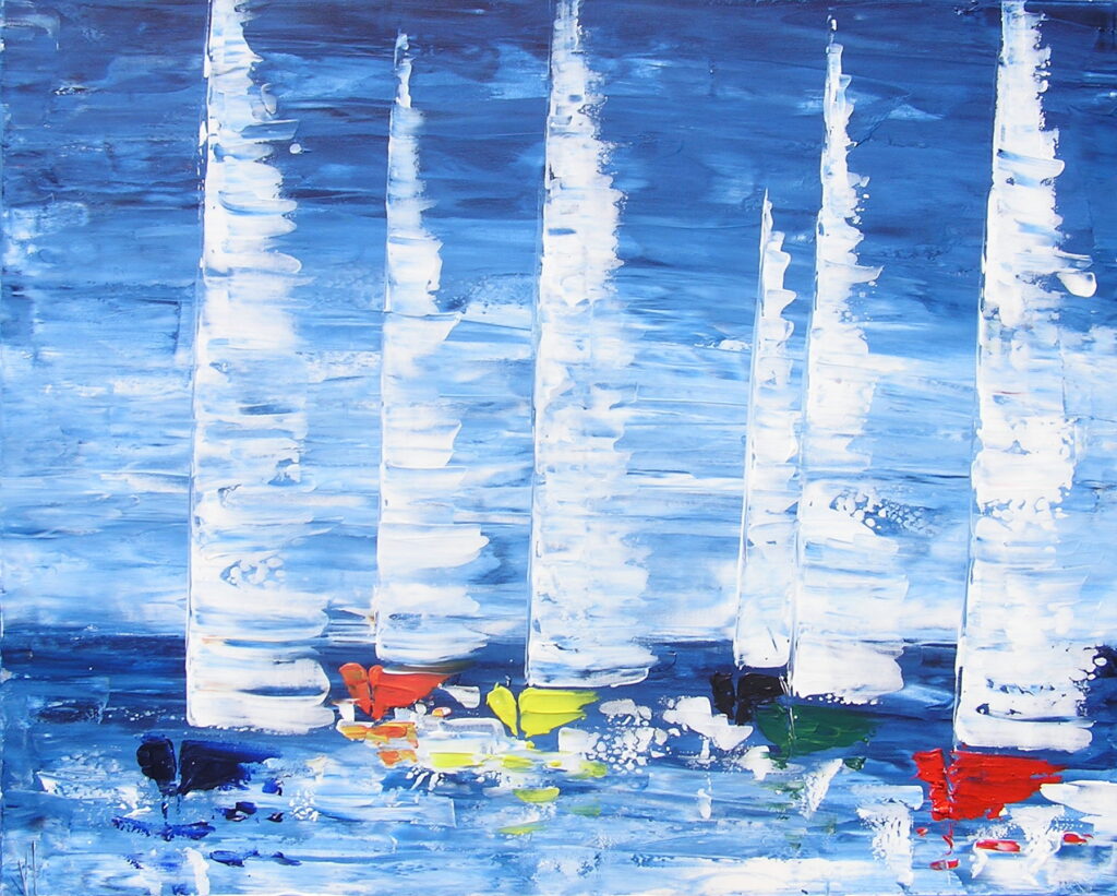 tableau en couleurs ,marine avec une régate de voiliers,peinture originale vendue par l artiste,oeuvre unique,acrylique sur toile,art abstrait,valerie jouve artiste peintre,bleu,jaune,rouge,vert,violet,orange,noir,blanc