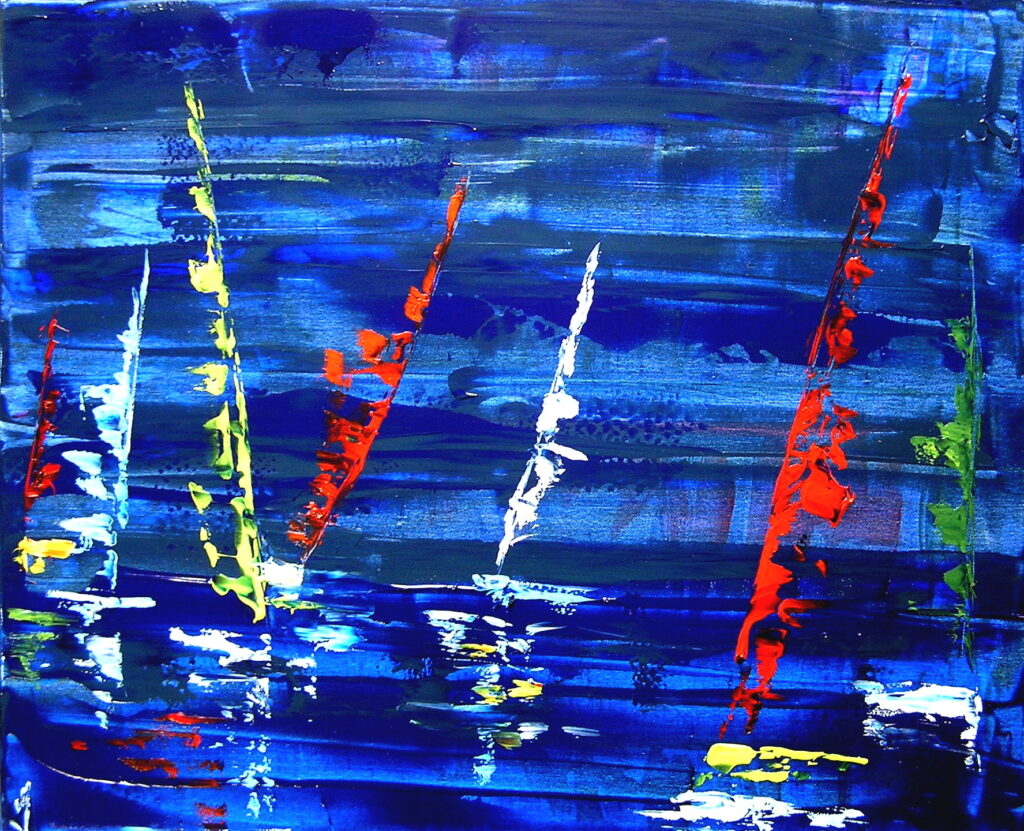 tableau en couleurs ,marine avec une régate de voiliers,peinture originale vendue par l artiste,oeuvre unique,acrylique sur toile,art abstrait,valerie jouve artiste peintre,bleu,jaune,rouge,vert,violet,orange,noir,blanc